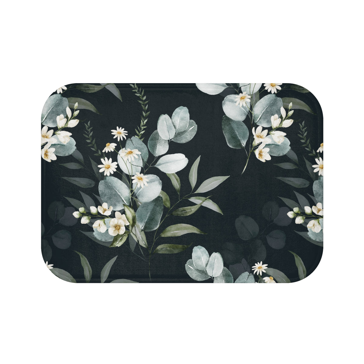 a black background with a repeating floral pattern of white flowers and green leaves.
