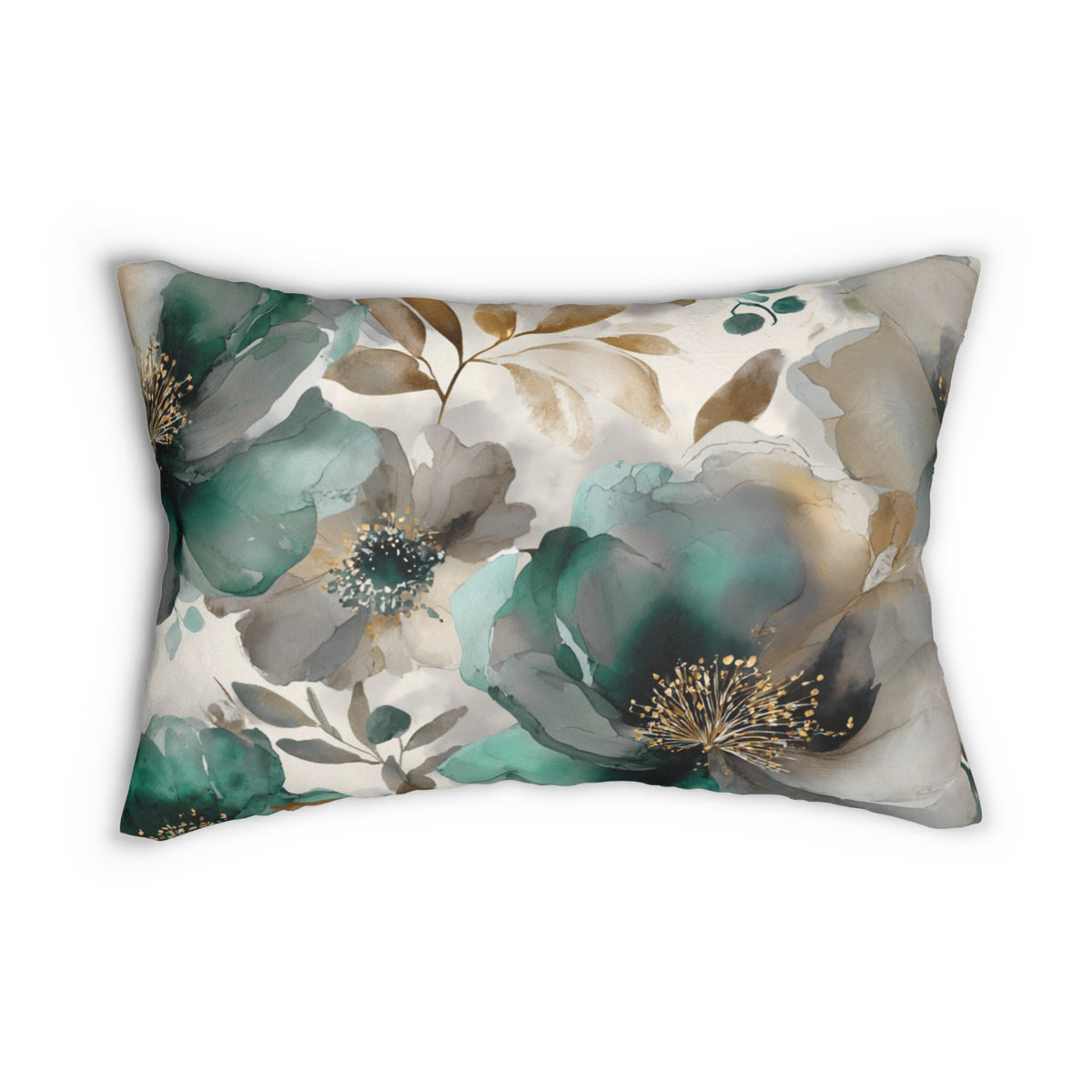 a decorative pillow with a floral pattern in shades of green, gray, and gold.
