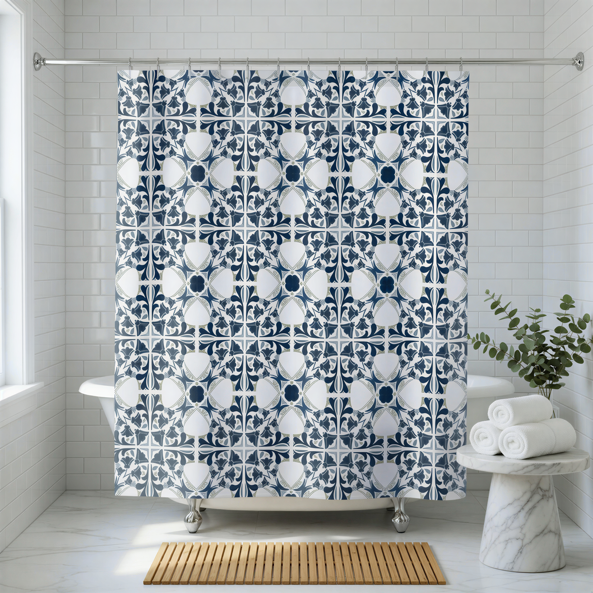 a bathroom with a white bathtub, a wooden mat, and a marble pedestal. The shower curtain has a blue and white patterned design.