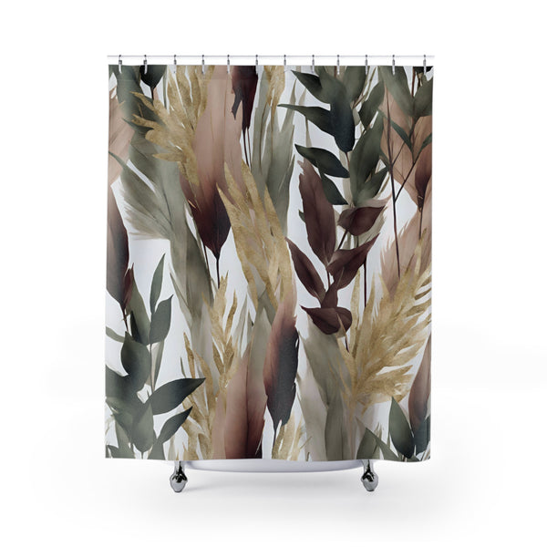 Boho Floral Shower Curtain | Forest Olive Green, Brown Leaves