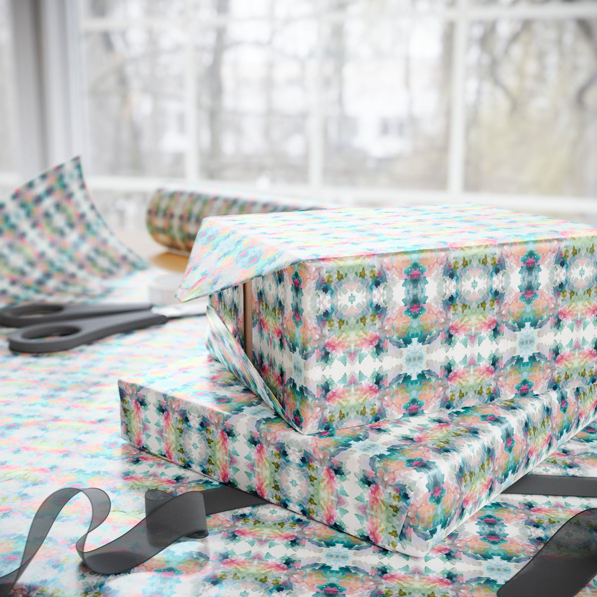 Pink Teal Blue Watercolor Mirrored Wrapping Paper, Gift Wrap