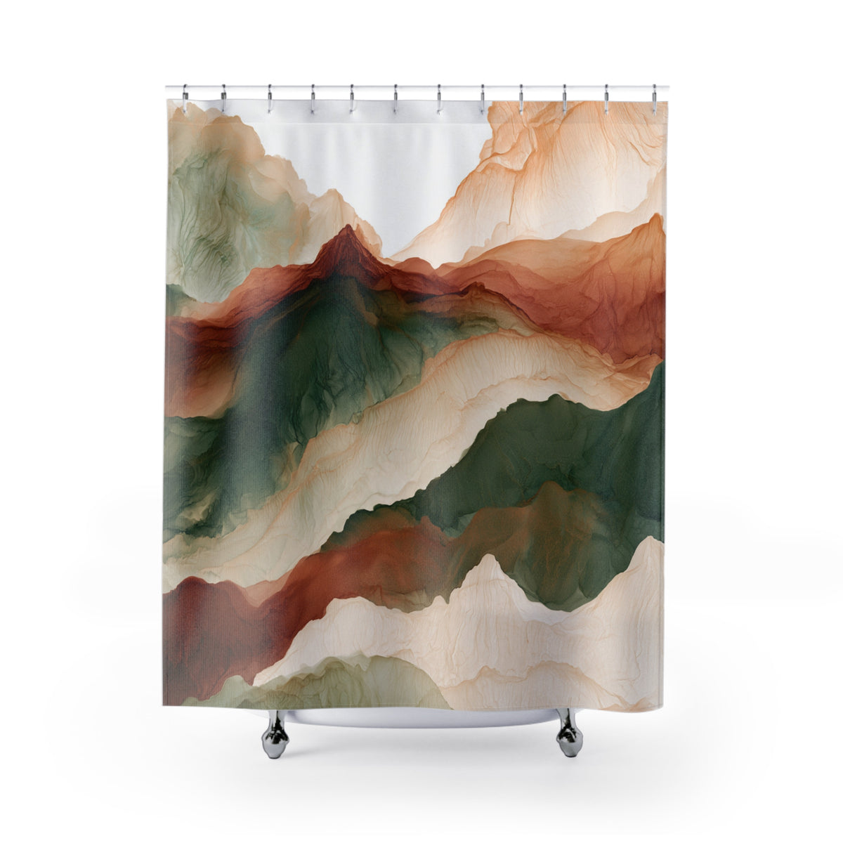 a vibrant abstract painting of mountains with a mix of green, orange, and brown colors.