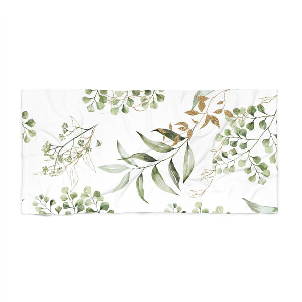 Floral Bath Beach Towel | White Sage Green Leaves