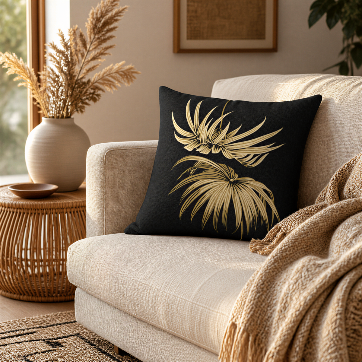 a cozy living room with a beige sofa, a black throw pillow with a gold leaf design, and a woven side table with a vase of dried flowers.
