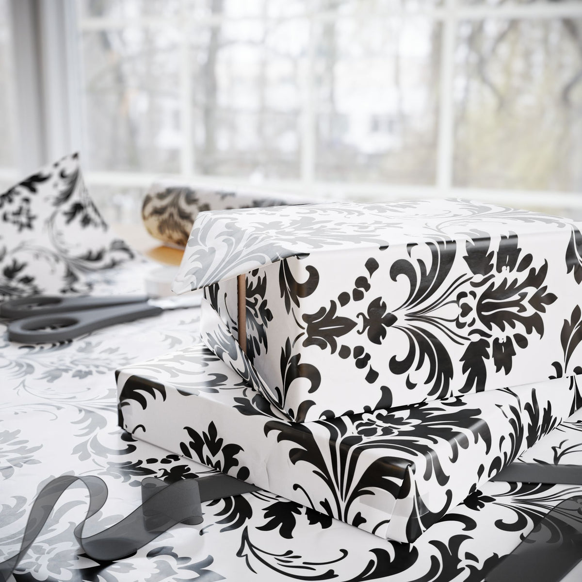 Black White Damask Wrapping Paper, Classic Gift Wrap