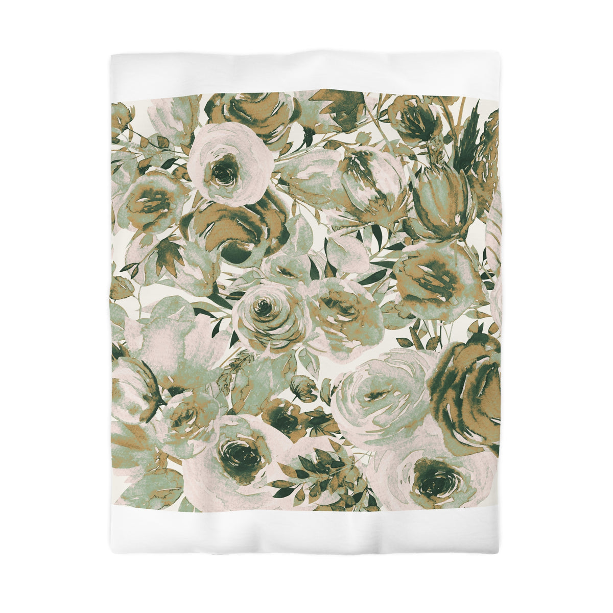 a floral pattern with various shades of green and brown flowers, including roses and leaves, arranged in a visually appealing manner.