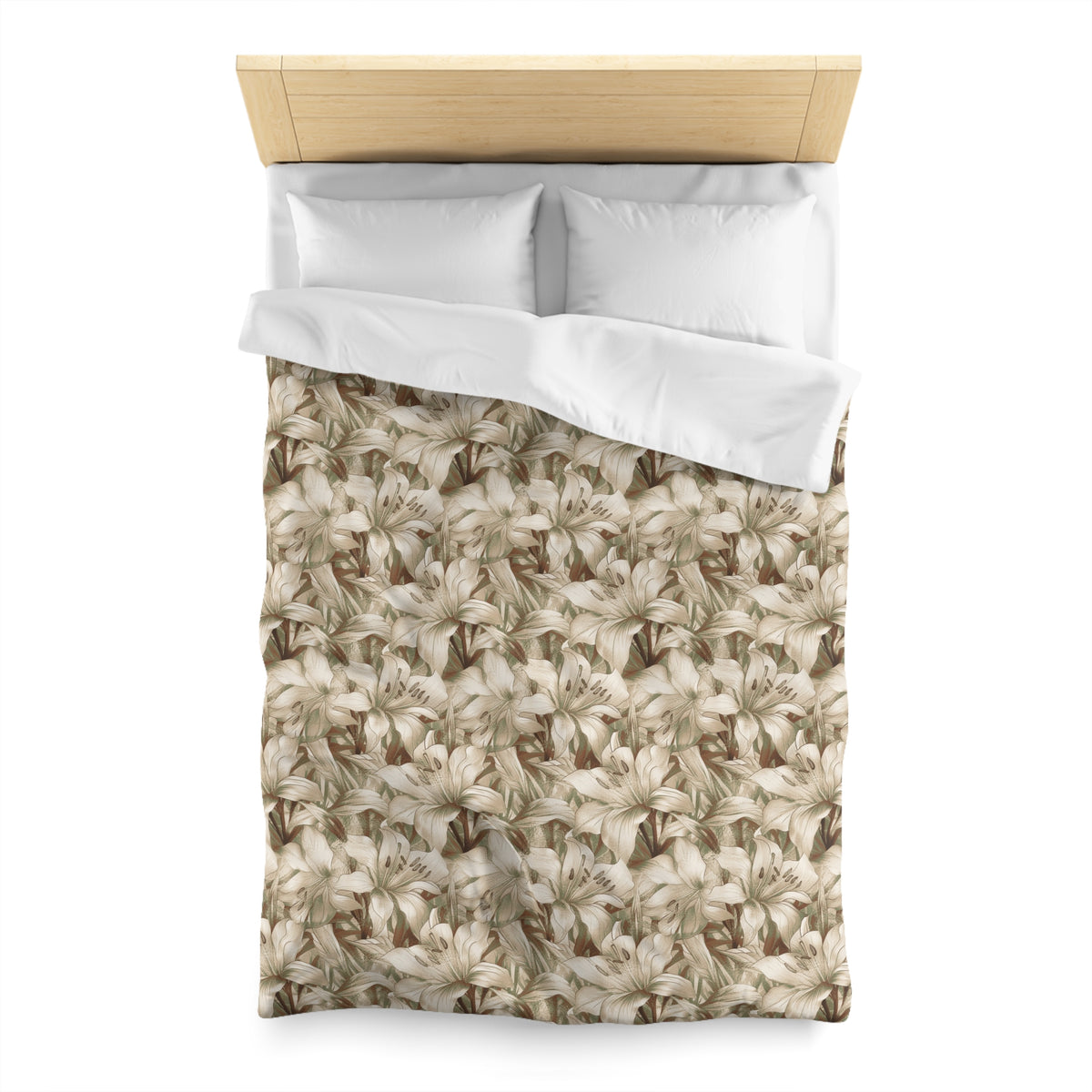 a neatly made bed with a floral print comforter and pillows.