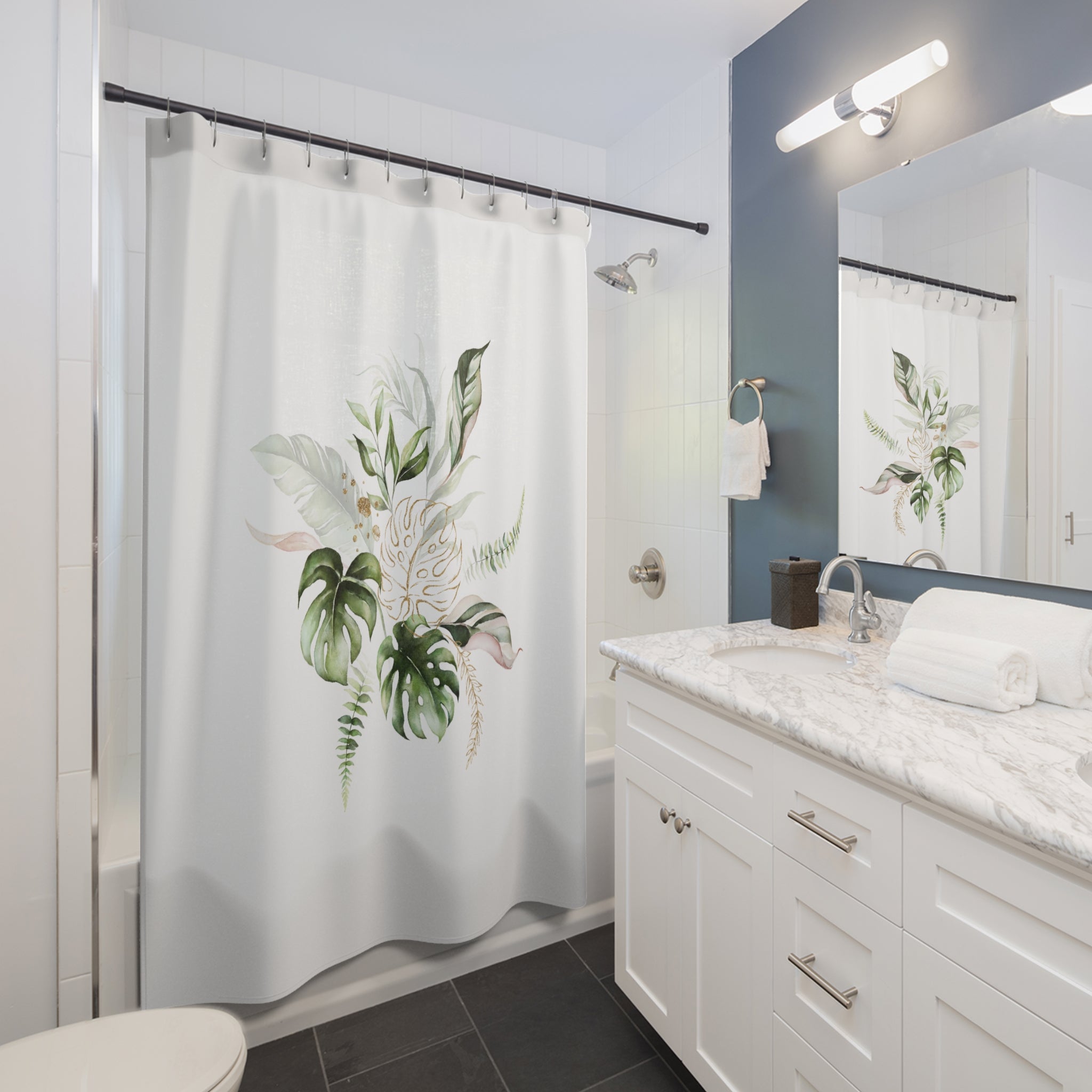 Boho Shower Curtain | White Green Monstera Tropical Leaves