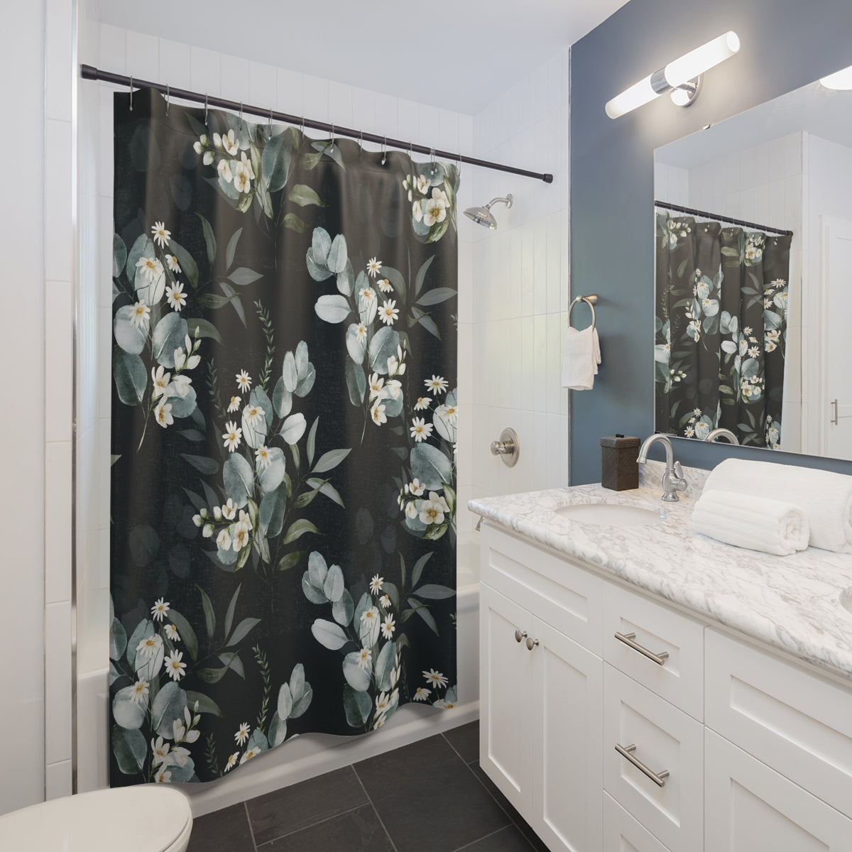 Moody Sage Eucalyptus Daisy Shower Curtain, Bath Curtain 71x74