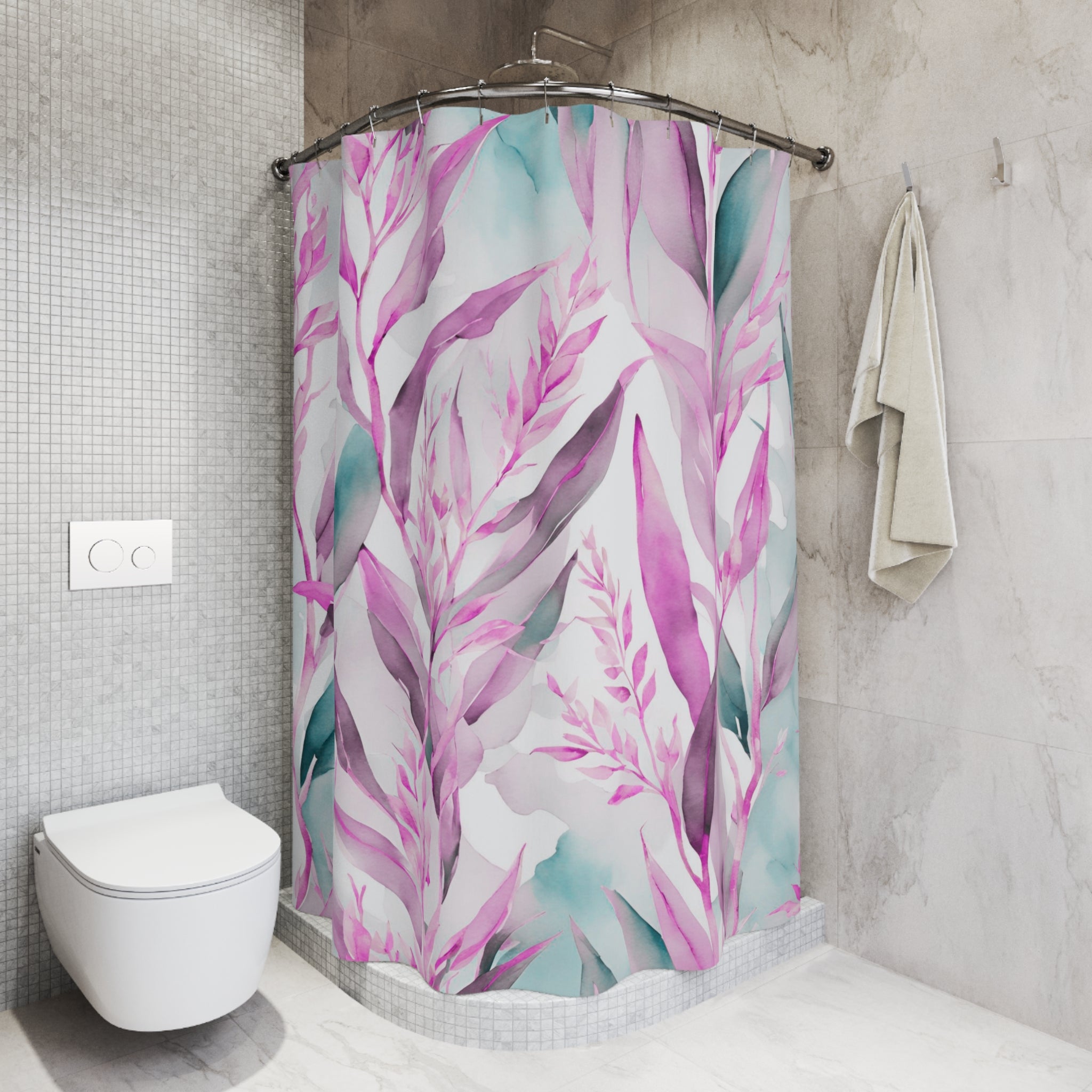 Boho Shower Curtain | Colorful Pink, Teal Green Leaves