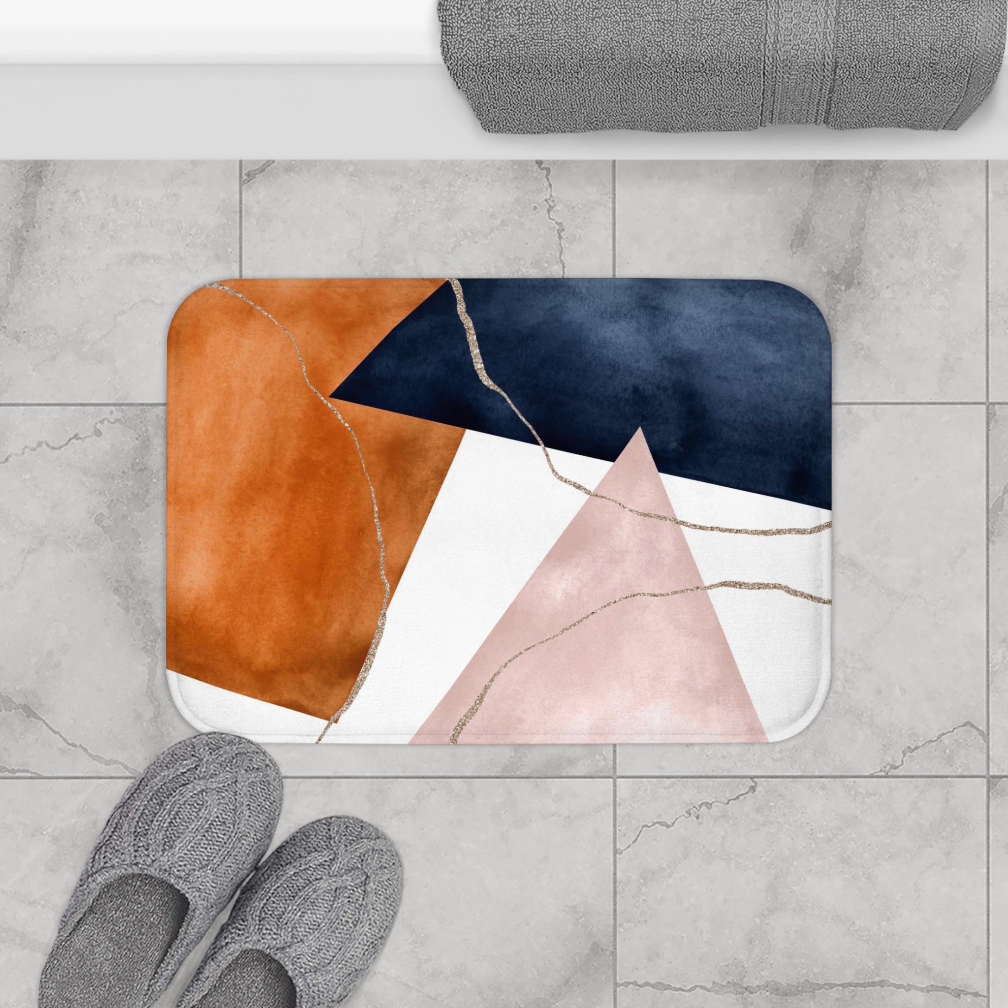 Abstract Bath Mat | Navy Blue, Burnt Orange, Blush Pink