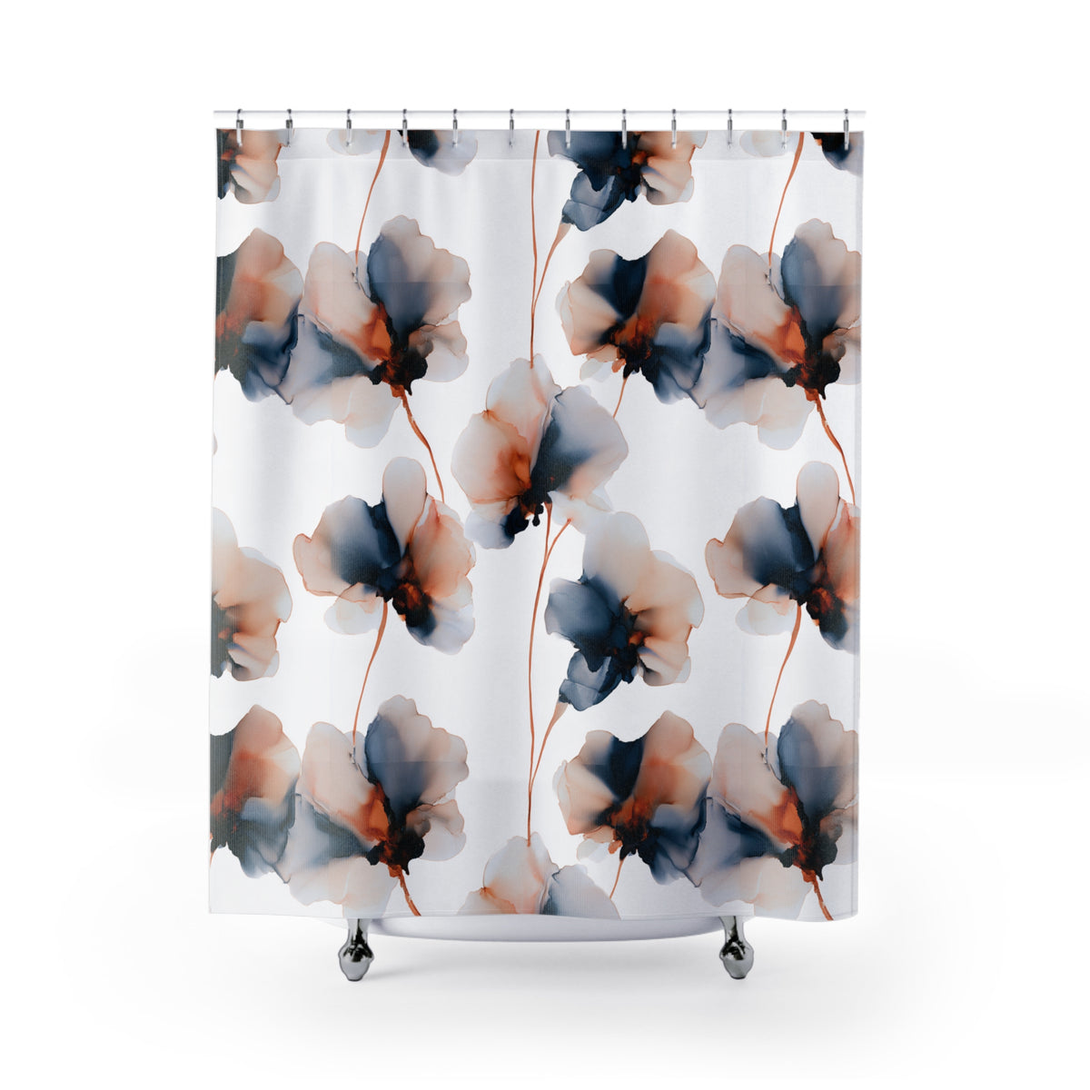 a shower curtain with a repeating pattern of colorful flowers in shades of blue, orange, and pink.