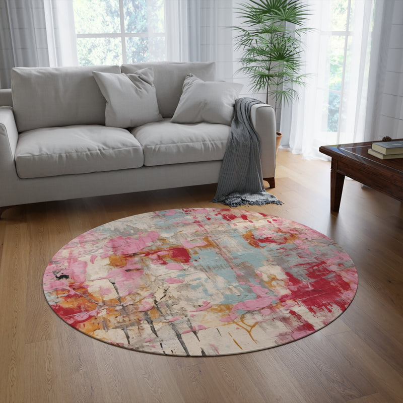 Colorful Round Area Rug | Abstract Red Pink Blue Beige