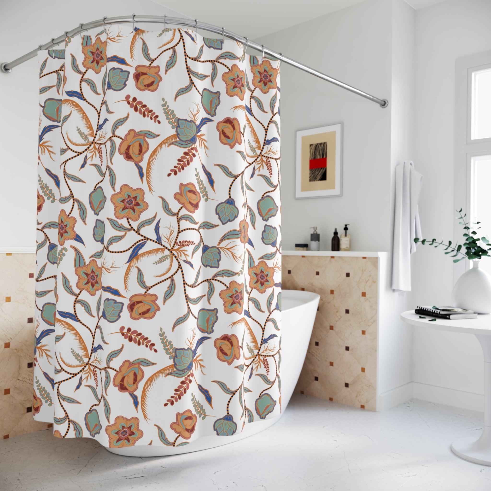 Boho Shower Curtain | White Blue Muted Orange Floral