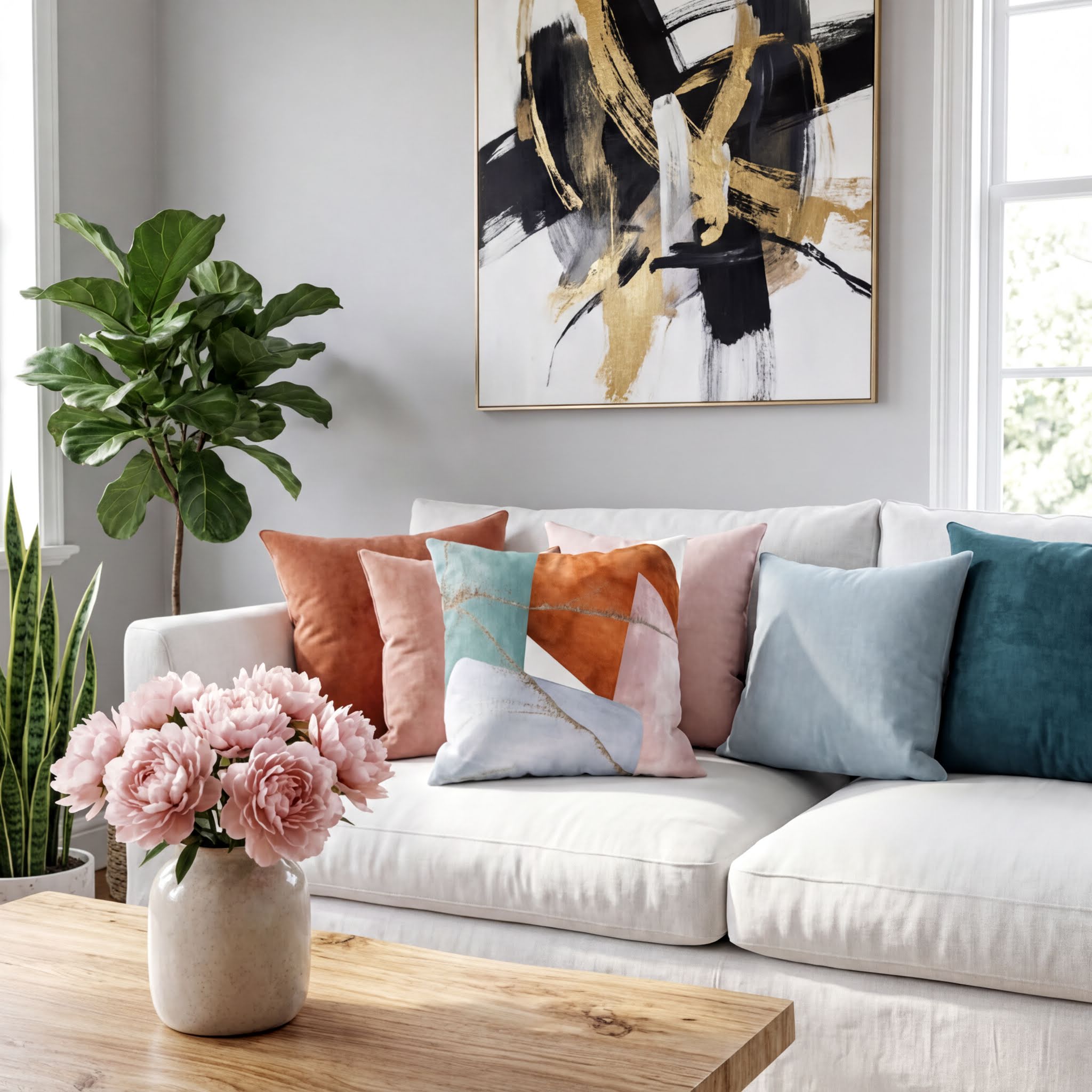 a cozy living room with a white sofa adorned with colorful throw pillows, a wooden coffee table, and a vase of pink flowers. The room is decorated with a large abstract painting on the wall and a potted plant, creating a warm and inviting atmosphere.