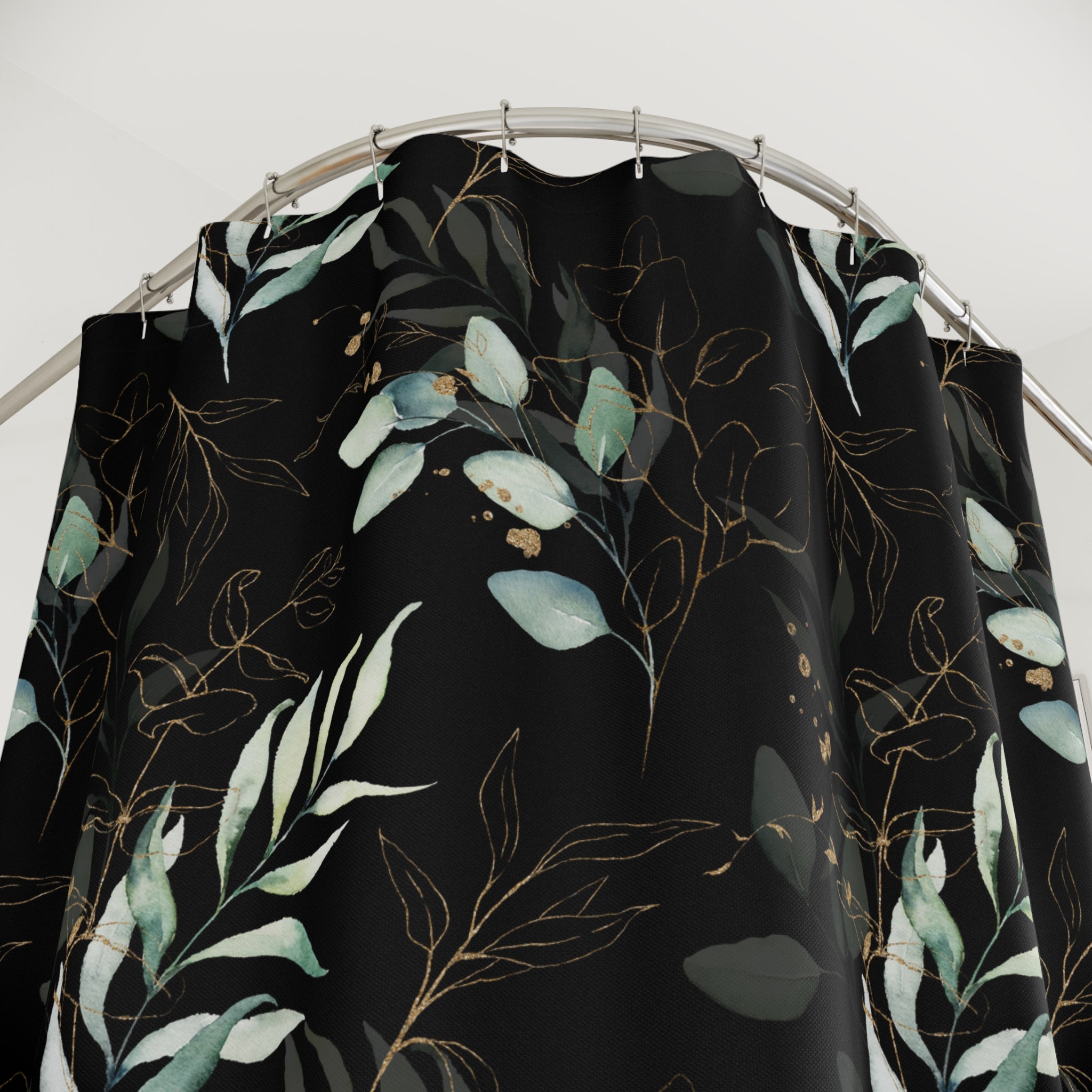 Boho Shower Curtain | Black Green Eucalyptus Tropical Leaves