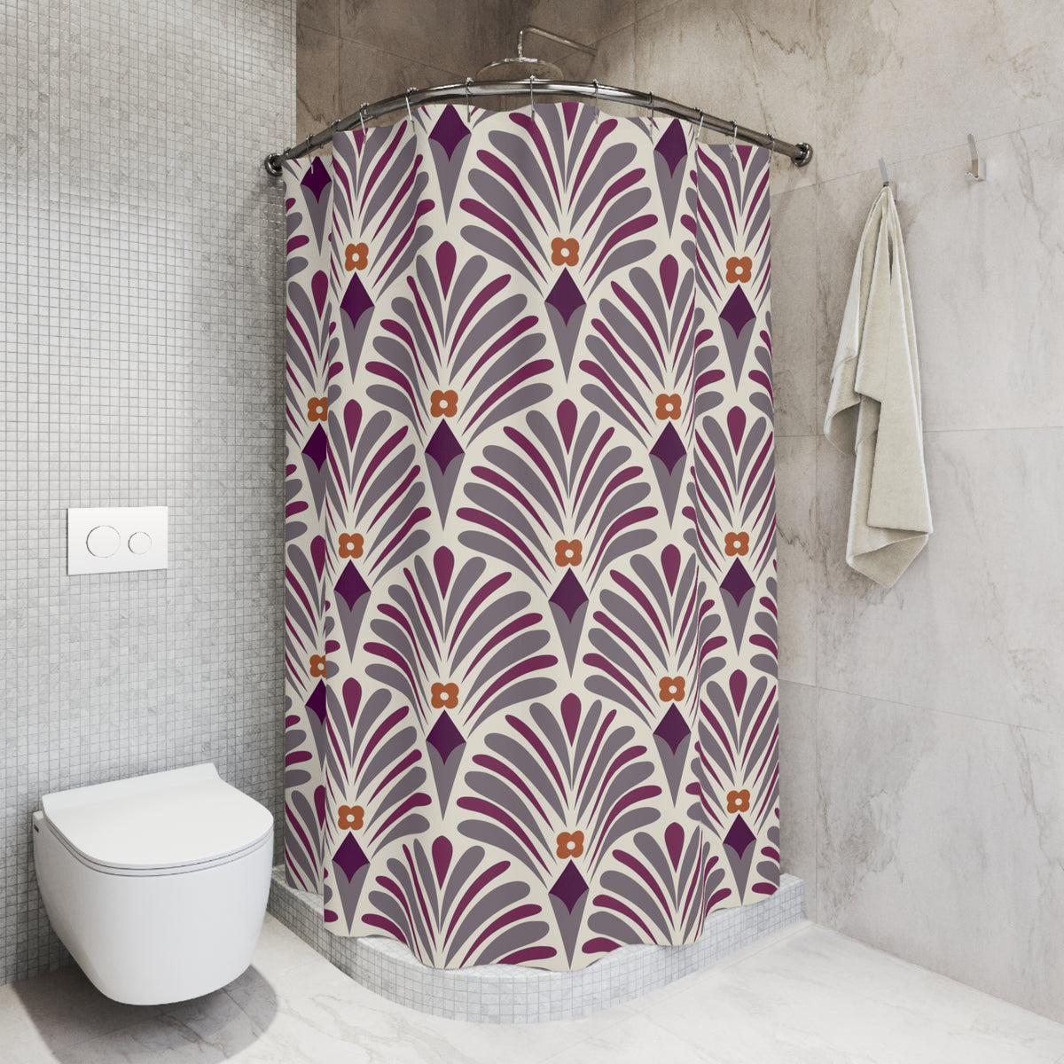a bathroom with a shower curtain adorned with a repeating pattern of purple and orange flowers. The shower curtain is hanging from a rod next to a towel. The bathroom has a white toilet and a white tiled wall.