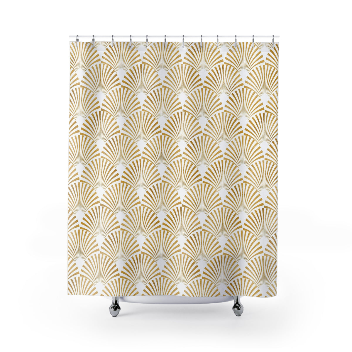 a shower curtain with a repeating pattern of gold and white shells or waves.