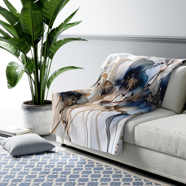 Cozy Comfy, Abstract Blanket | Floral Navy Blue, Beige Ombre