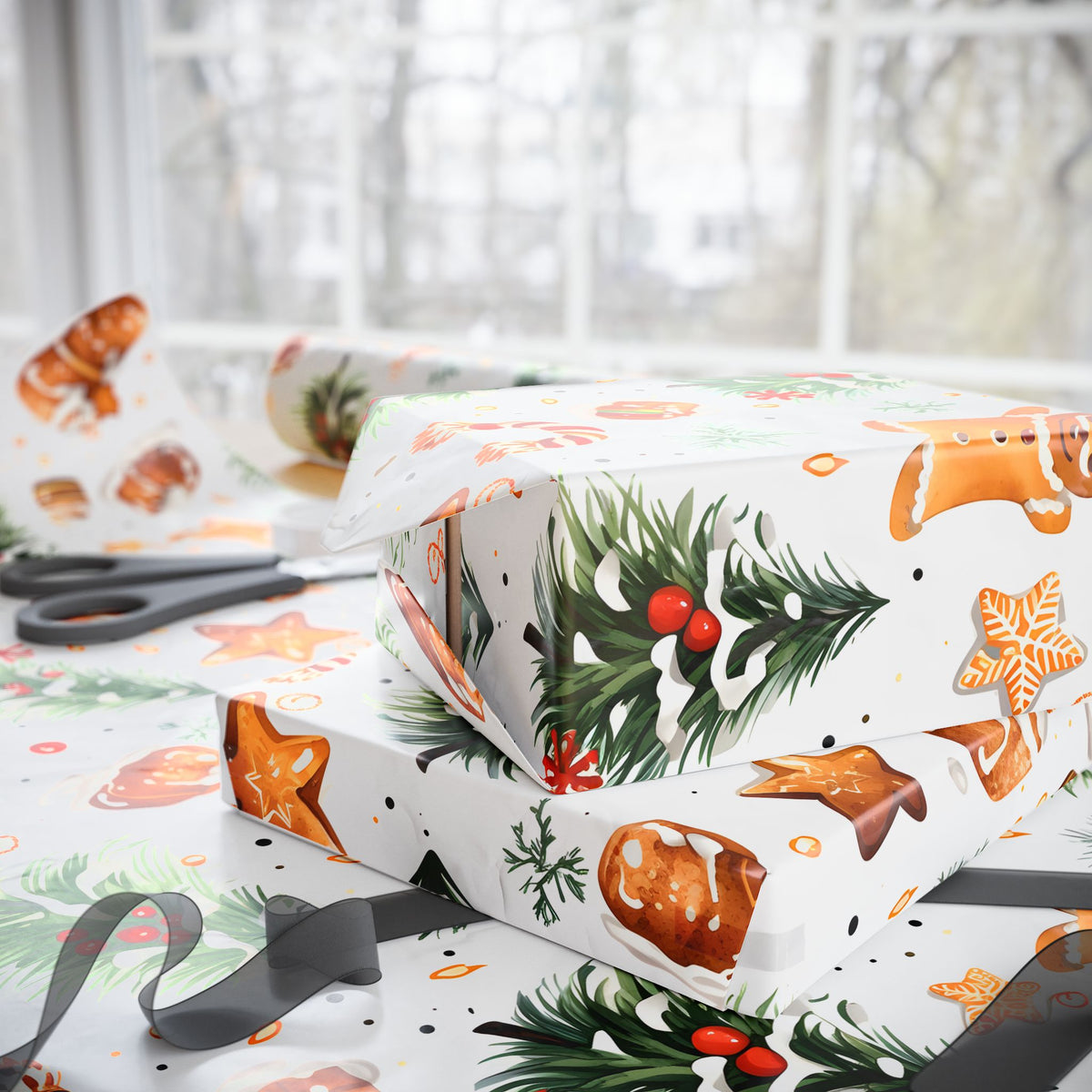 Gingerbread Star Snowy Tree Christmas Wrapping Paper, Gift Wrap