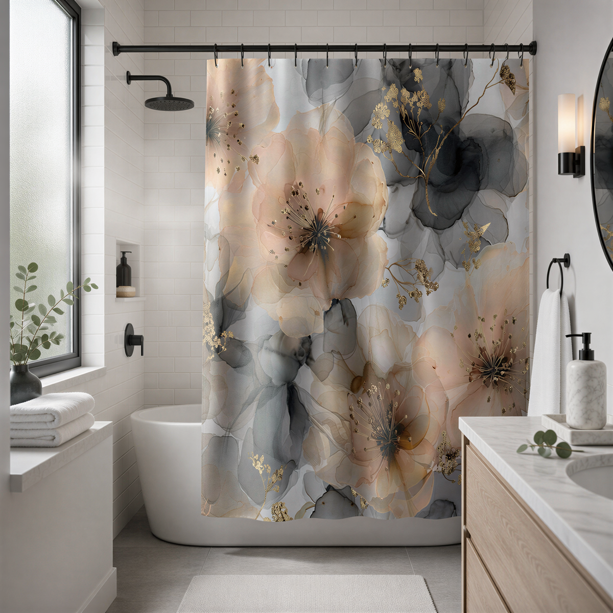 a modern bathroom with a large floral shower curtain featuring a mix of peach and black colors. The shower curtain is hanging from a rod above a white bathtub. The bathroom also includes a sink, a mirror, and a window.