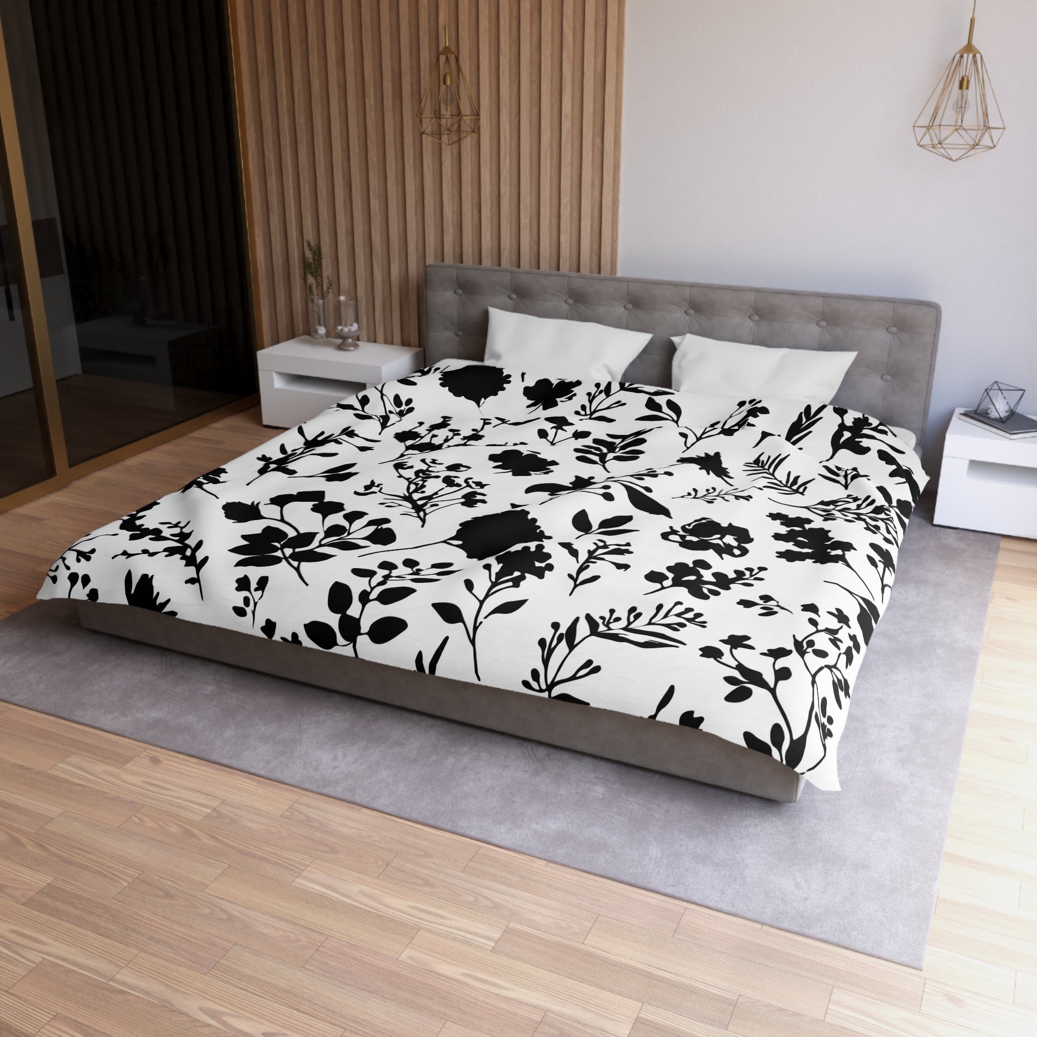 Floral Duvet Cover | White and Black Minimalist Bedding Boho Decor