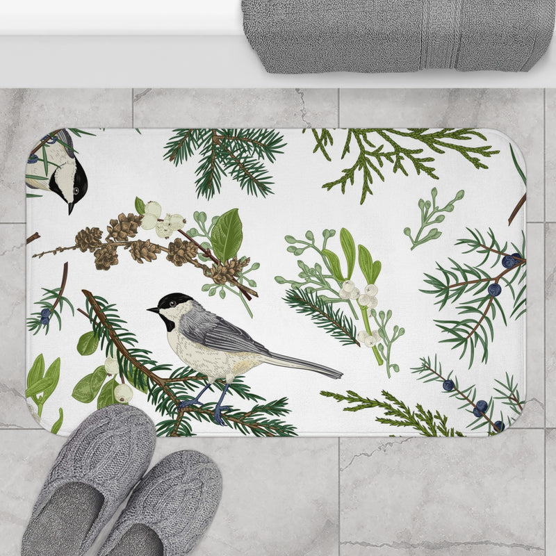 Nature Bath Mat, Kitchen Mat | White Green, Bird Nature Floral