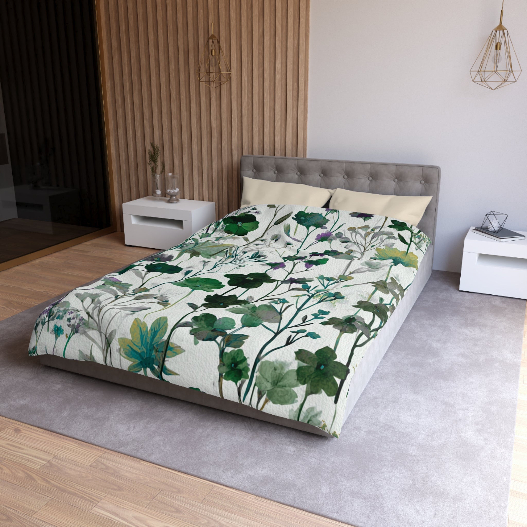 Floral Modern Duvet, Pillow Cover | White Green Bedroom Decor