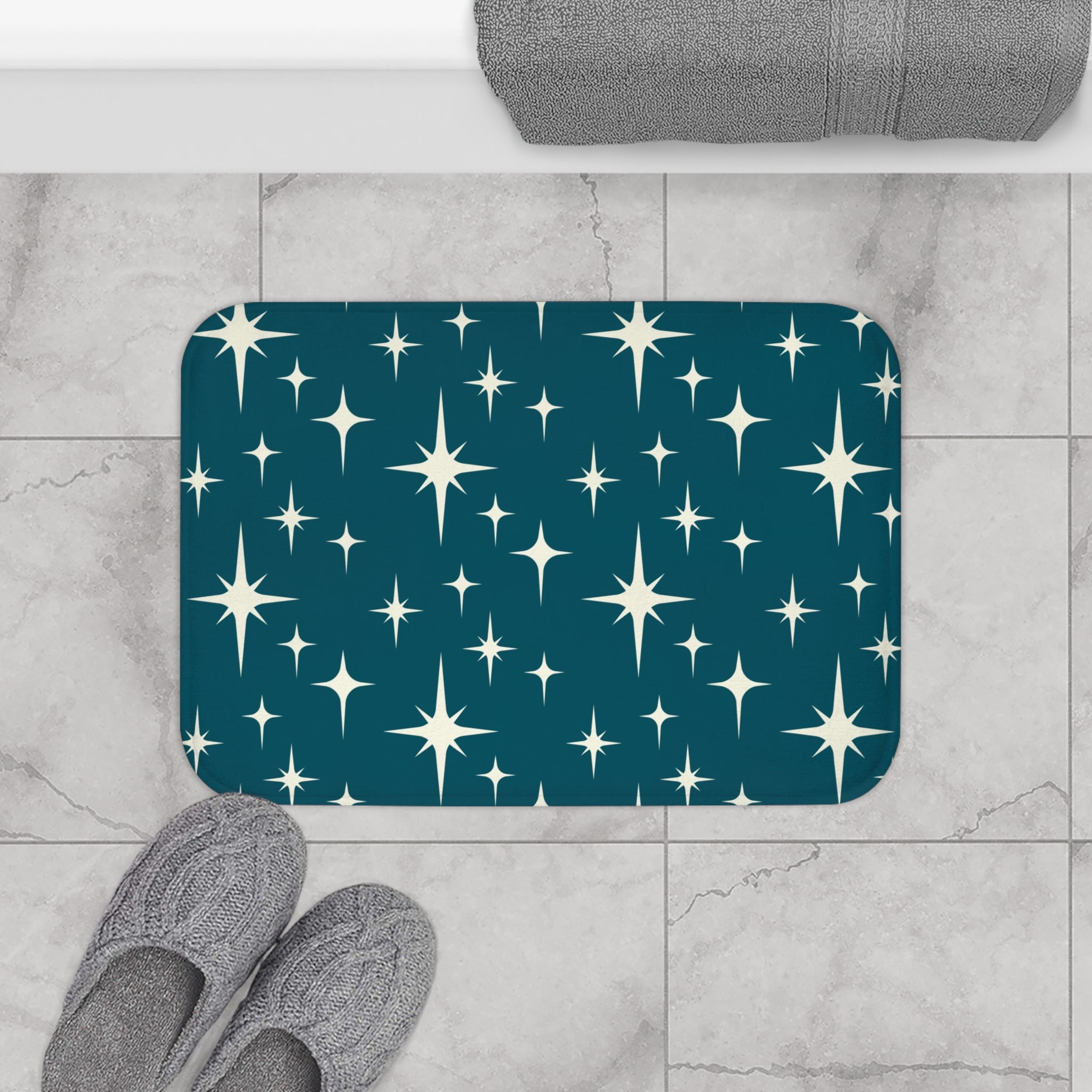 Mid Century Bath Mat | Teal Blue, Ivory Stars