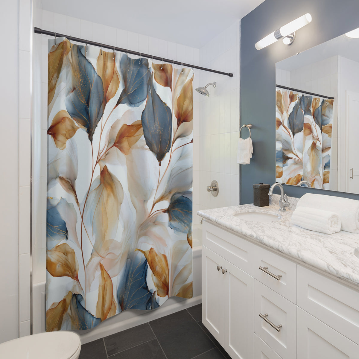 Blue Rust Watercolor Botanical Shower Curtain, Bath Curtain 71x74