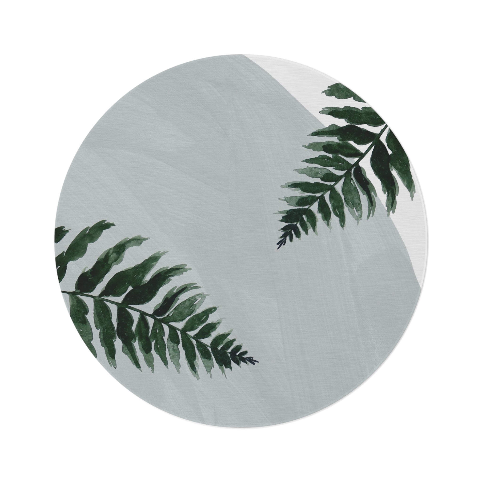 Round Boho Area Rug | Modern Organic, Pale Blue, Green Leaves