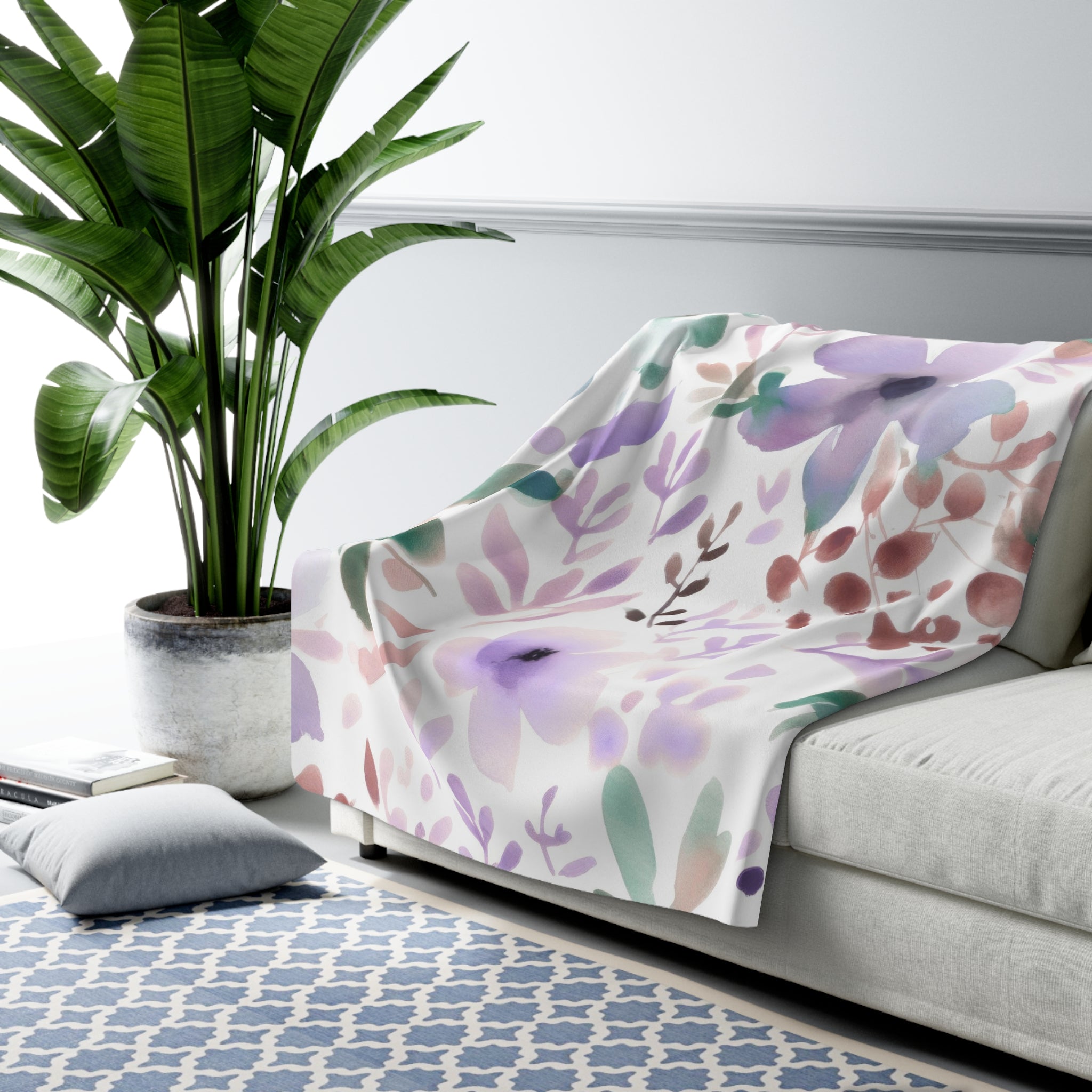 Floral Throw Blanket | White Purple Green Watercolor