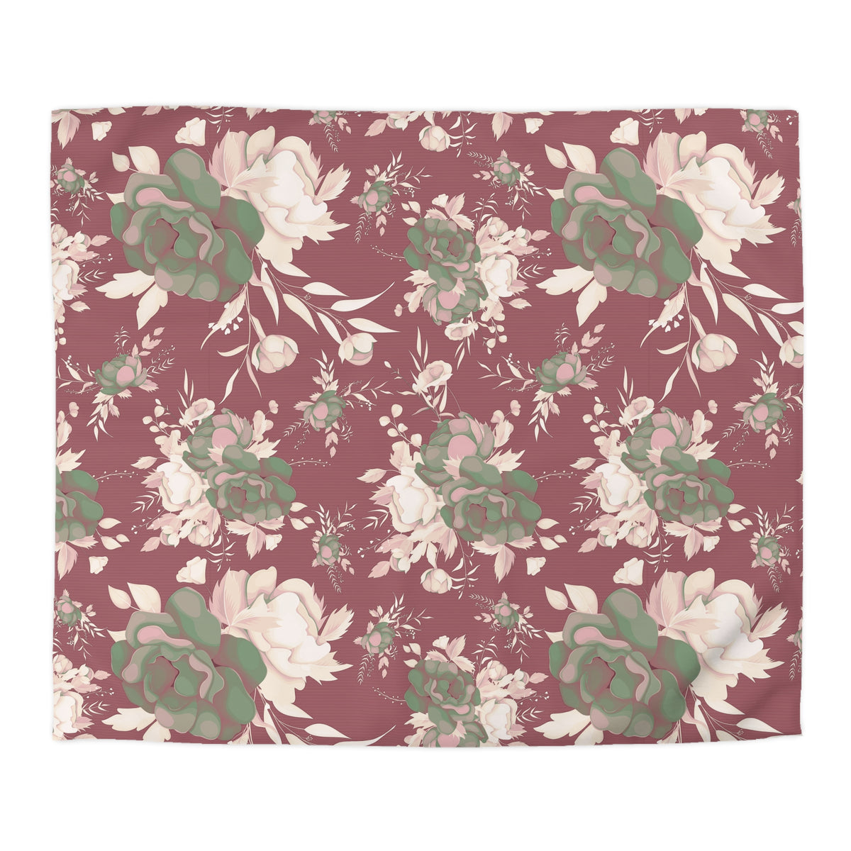 a square-shaped floral pattern with a repeating design of white and green flowers against a maroon background.
