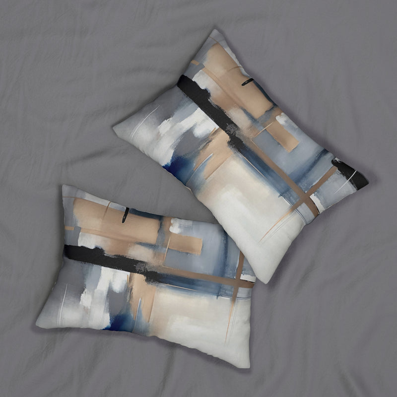 Boho Lumbar Pillow | Abstract Beige Grey, Navy Denim Blue, White