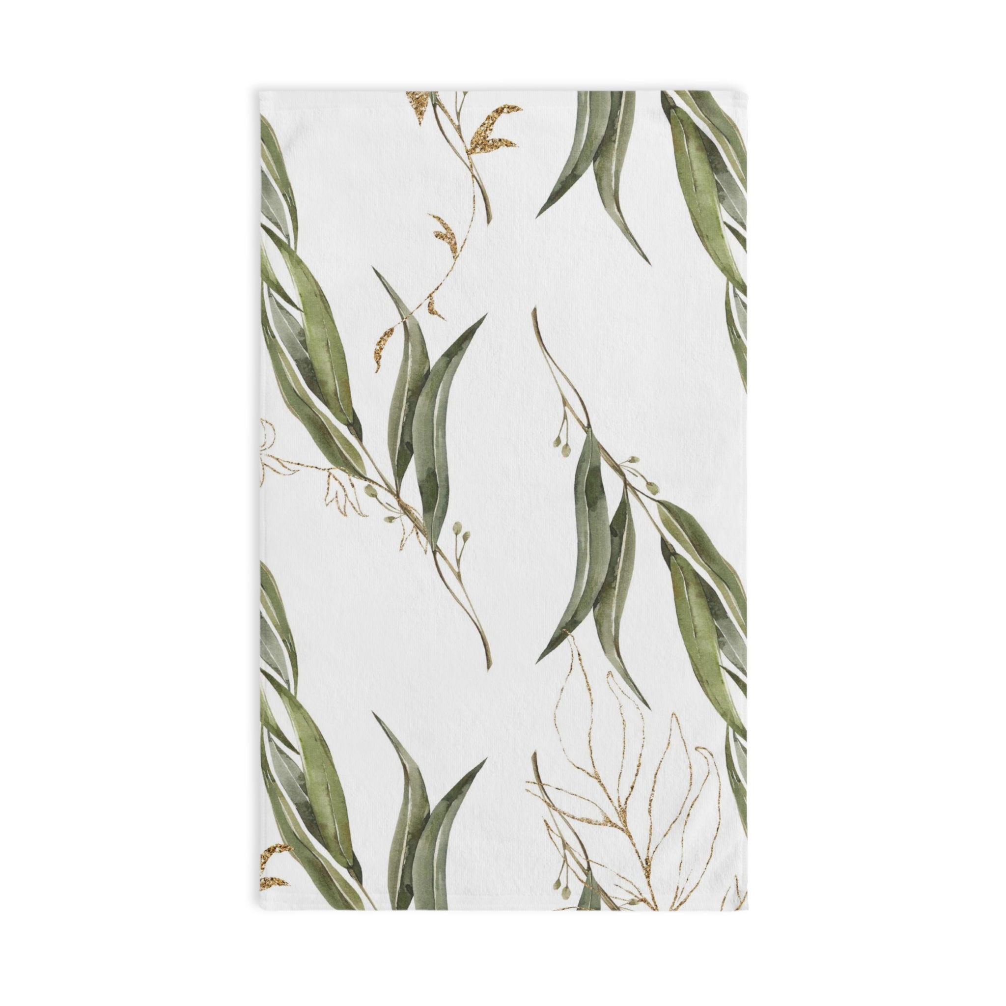 Kitchen, Bath Hand Towel | Boho Floral, Sage Green, White Gold Beige Leaves