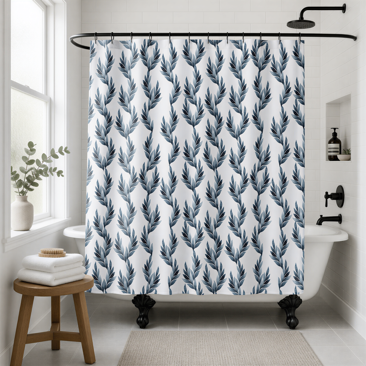 a bathroom with a white bathtub, a shower curtain with a leaf pattern, and a wooden stool.
