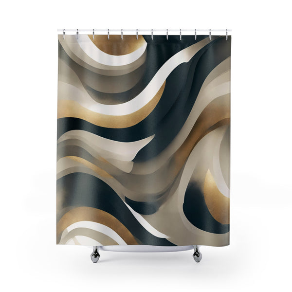 Abstract Shower Curtain | Beige Grey, Gold White Waves