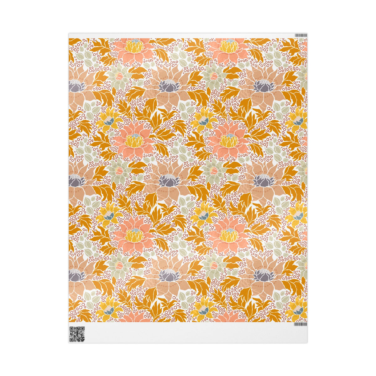 Mustard Peach Retro Floral Wrapping Paper, Fall Gift Wrap