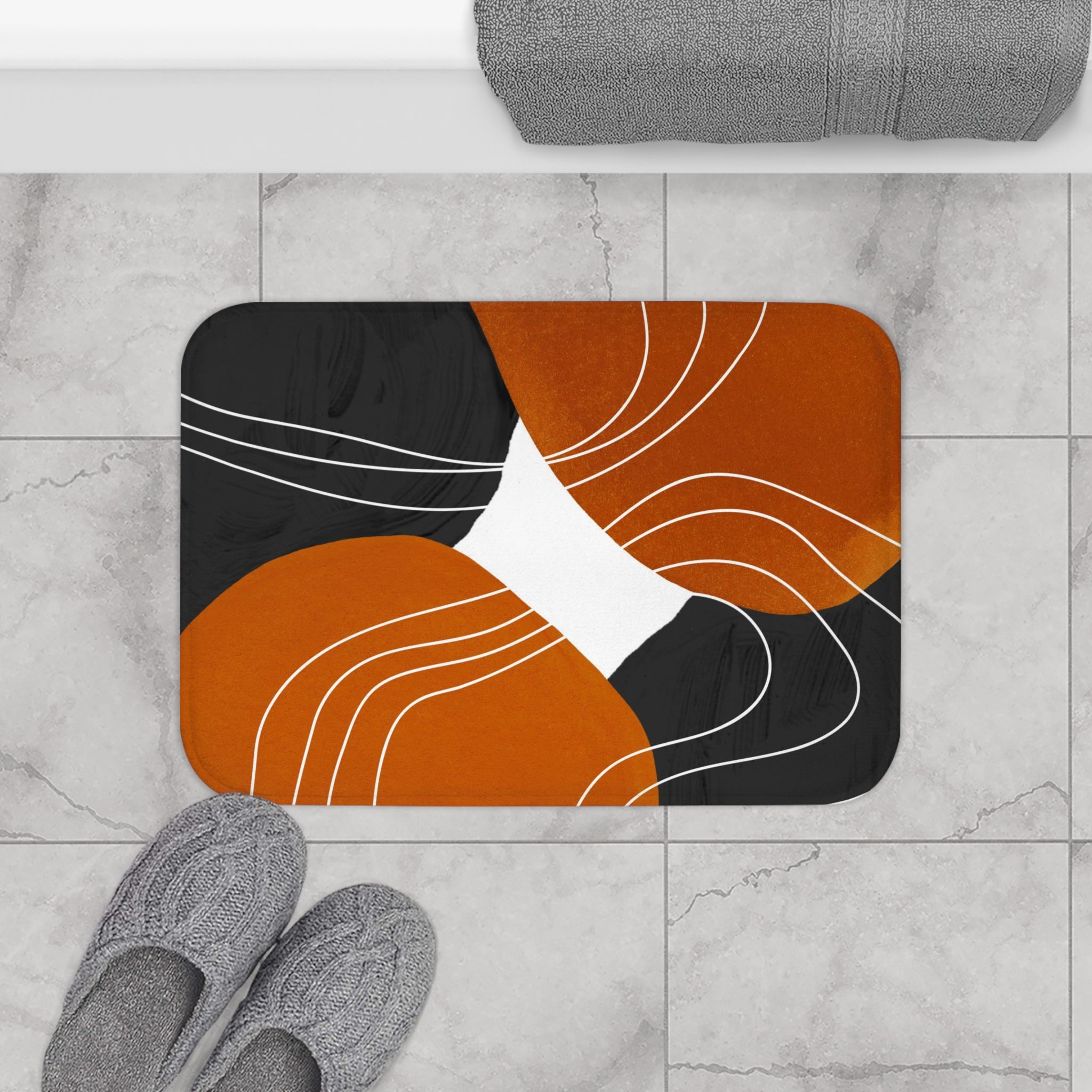 Abstract Bath, Kitchen Mat, Rug | Burnt Orange, Black White