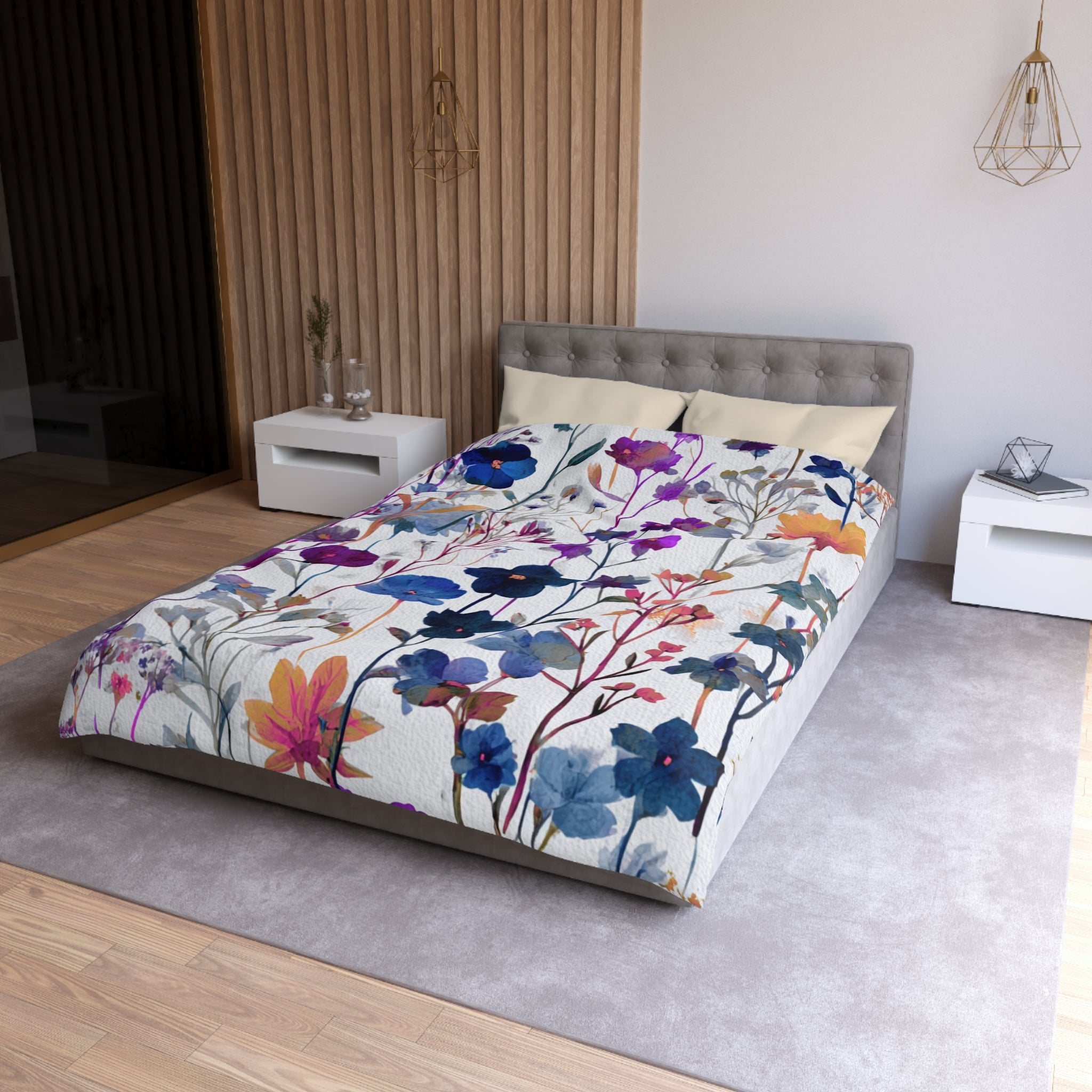 Floral Modern Duvet, Pillow Cover | Blue Orange Bedroom Decor