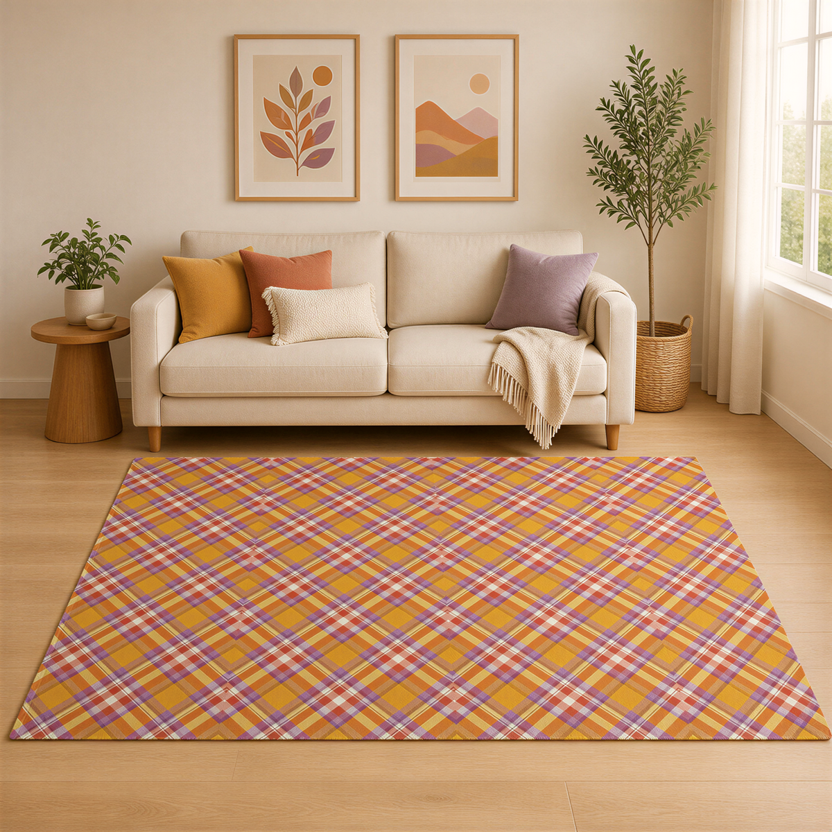 a cozy living room with a beige sofa, a large orange and white plaid rug, and two framed pictures on the wall. The room also features a potted plant and a window, creating a warm and inviting atmosphere.