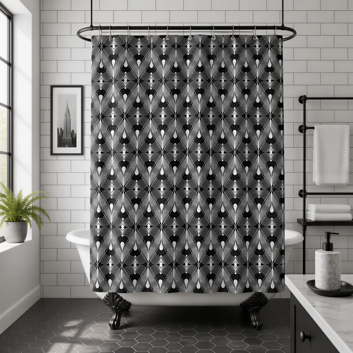 a modern bathroom with a black and white geometric patterned shower curtain, a white bathtub, and a potted plant.