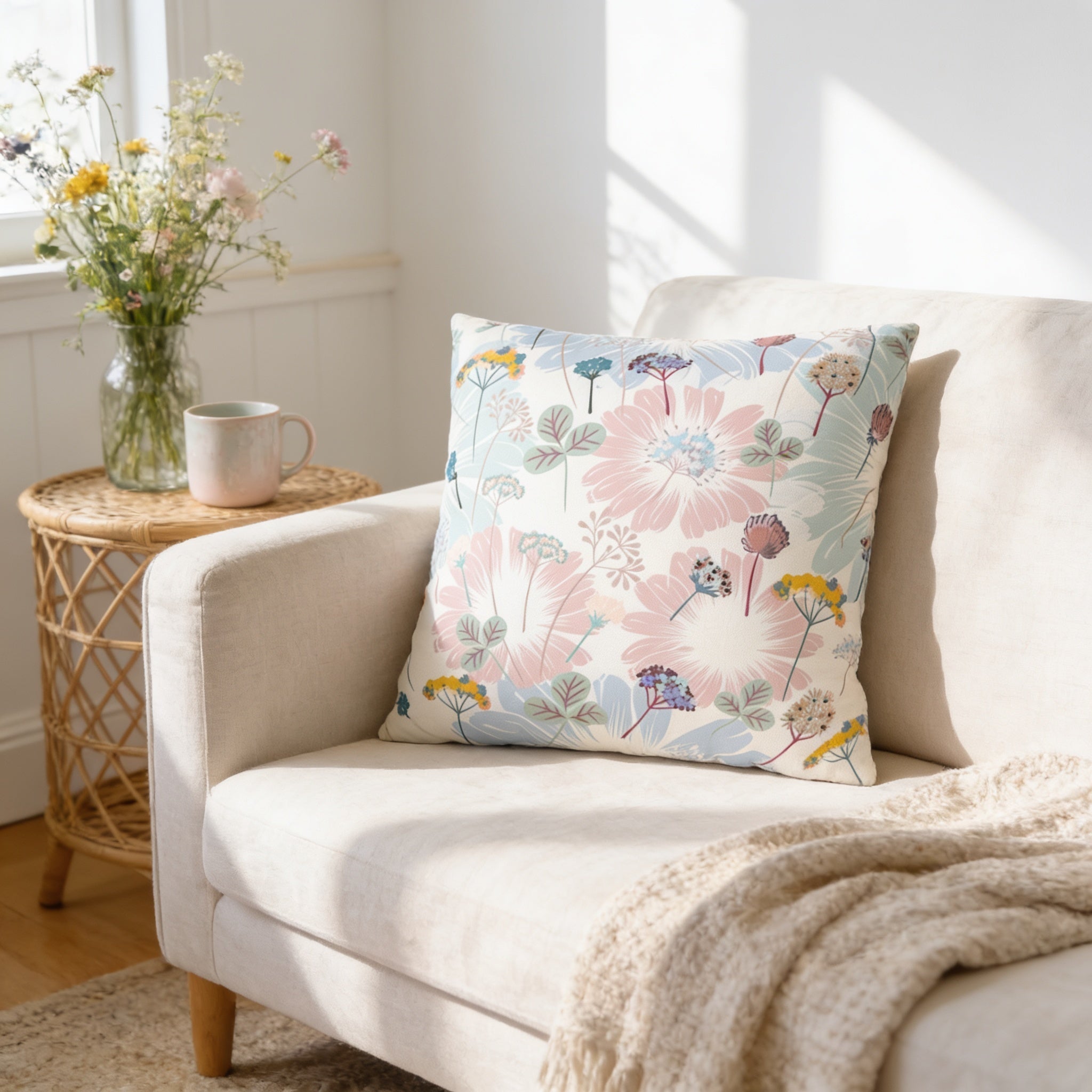 a cozy living room with a white sofa, a floral throw pillow, a woven side table with a vase of flowers, and a woven basket.