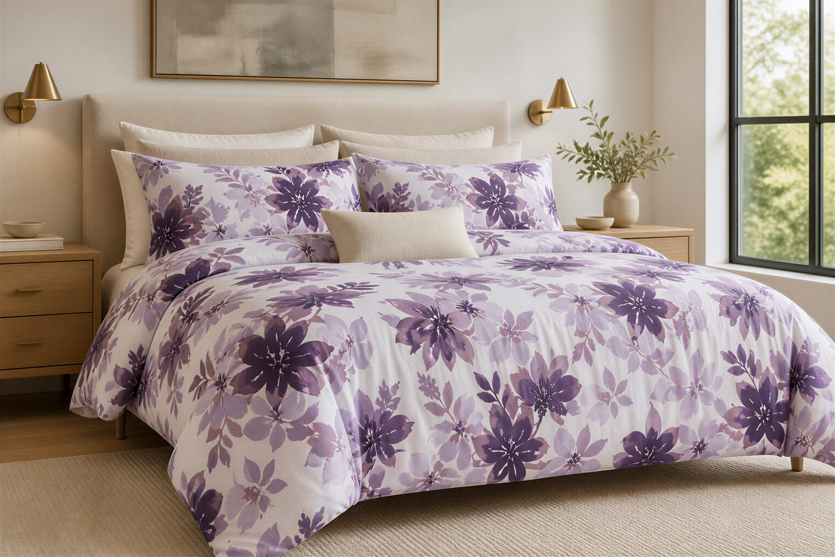 a bedroom with a large bed covered in a purple and white floral comforter. The bed is flanked by two nightstands, each with a lamp. Above the bed, there is a painting on the wall. The room also features a window that provides a view of trees outside.