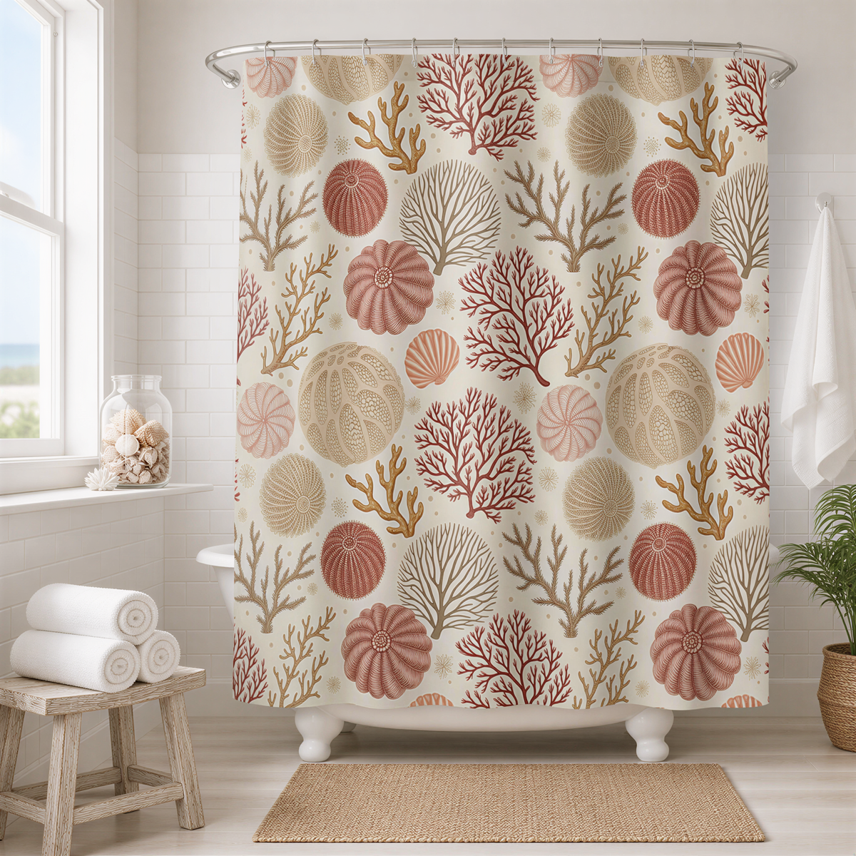 a bathroom with a shower curtain adorned with a pattern of various marine life, including shells, coral, and other sea creatures. The shower curtain is hanging from a rod, and there is a wooden stool and a potted plant in the room.