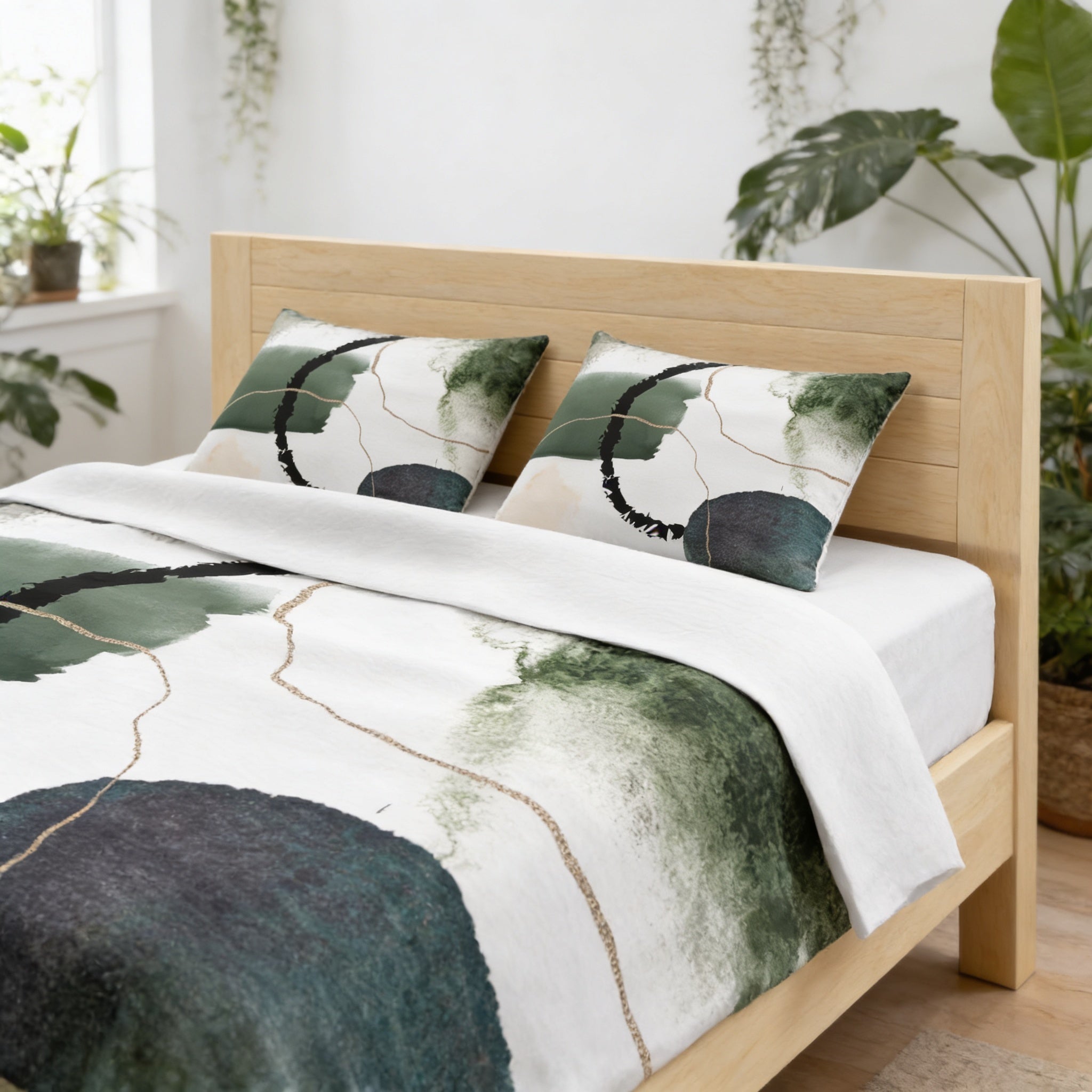 a modern bedroom with a wooden bed frame and a white and green abstract patterned bedding set. The room has a minimalist and clean design, with potted plants and a large window providing natural light.
