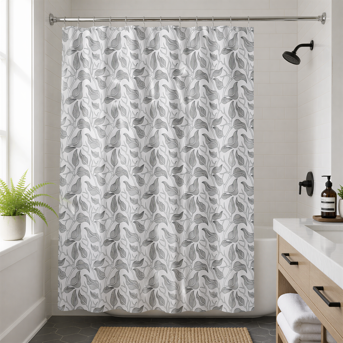 a bathroom with a shower curtain featuring a leaf pattern, a white sink, and a potted plant on the windowsill.