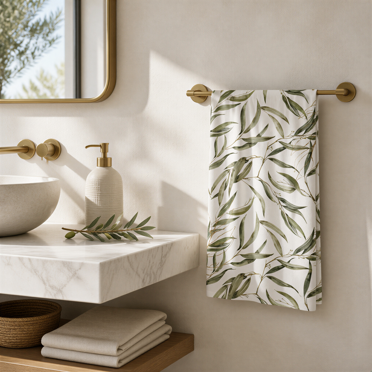 a bathroom with a white marble countertop, a white sink, a gold faucet, and a towel with a green leaf pattern hanging on a towel rack.