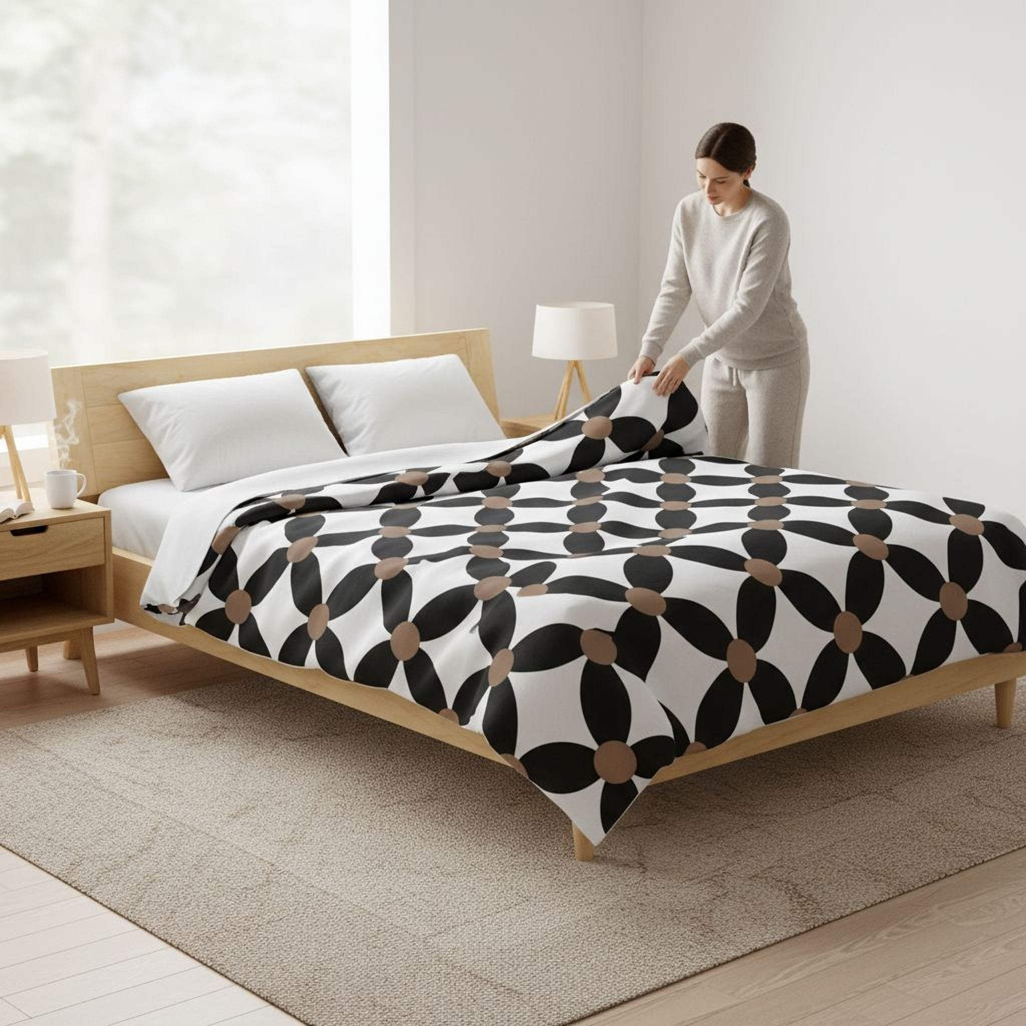 A woman is standing in a bedroom, adjusting the cover on a bed with a black and white patterned comforter.