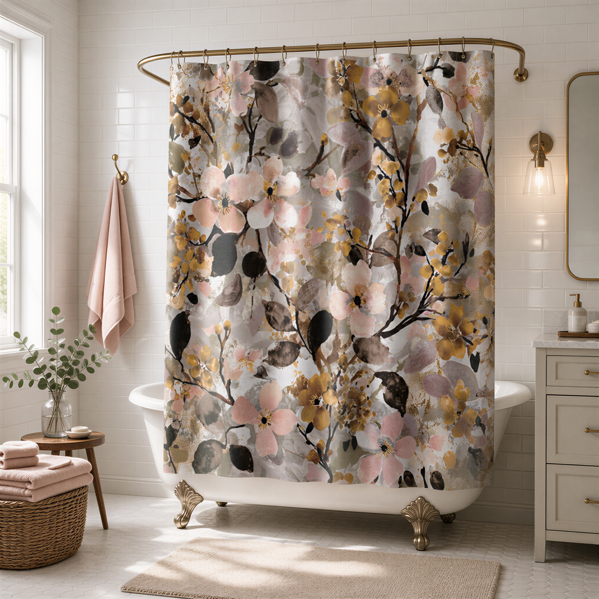 a bathroom with a white clawfoot bathtub, a floral shower curtain, and a mirror above it. The bathroom has white tile walls and a wooden floor.